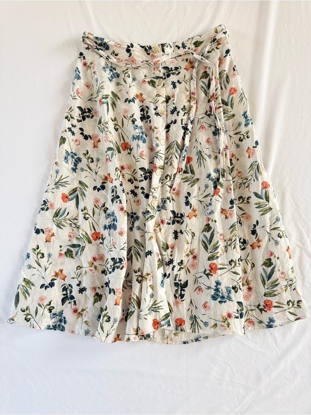 Saks Fifth Avenue 100% Linen Floral Midi Skirt XL Buttonup Romantic Cottagecore